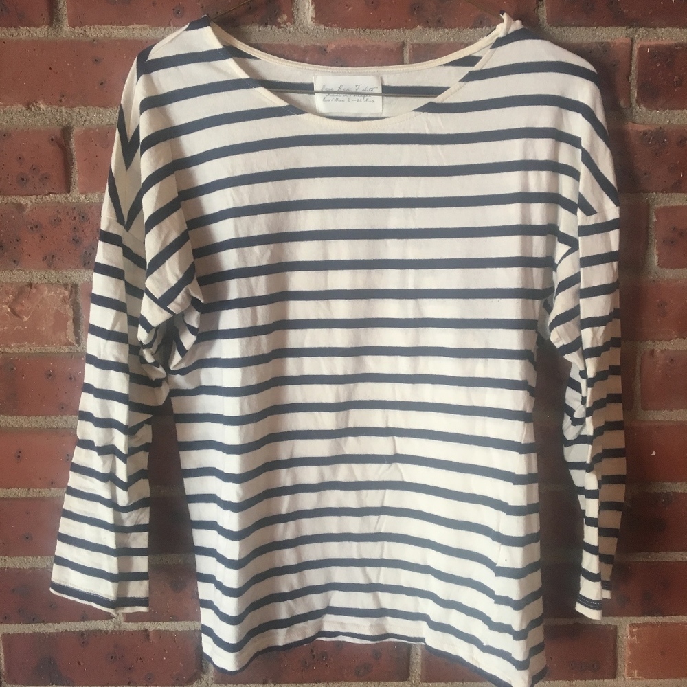 Madewell navy & white striped sleeve 3/4 s shirt